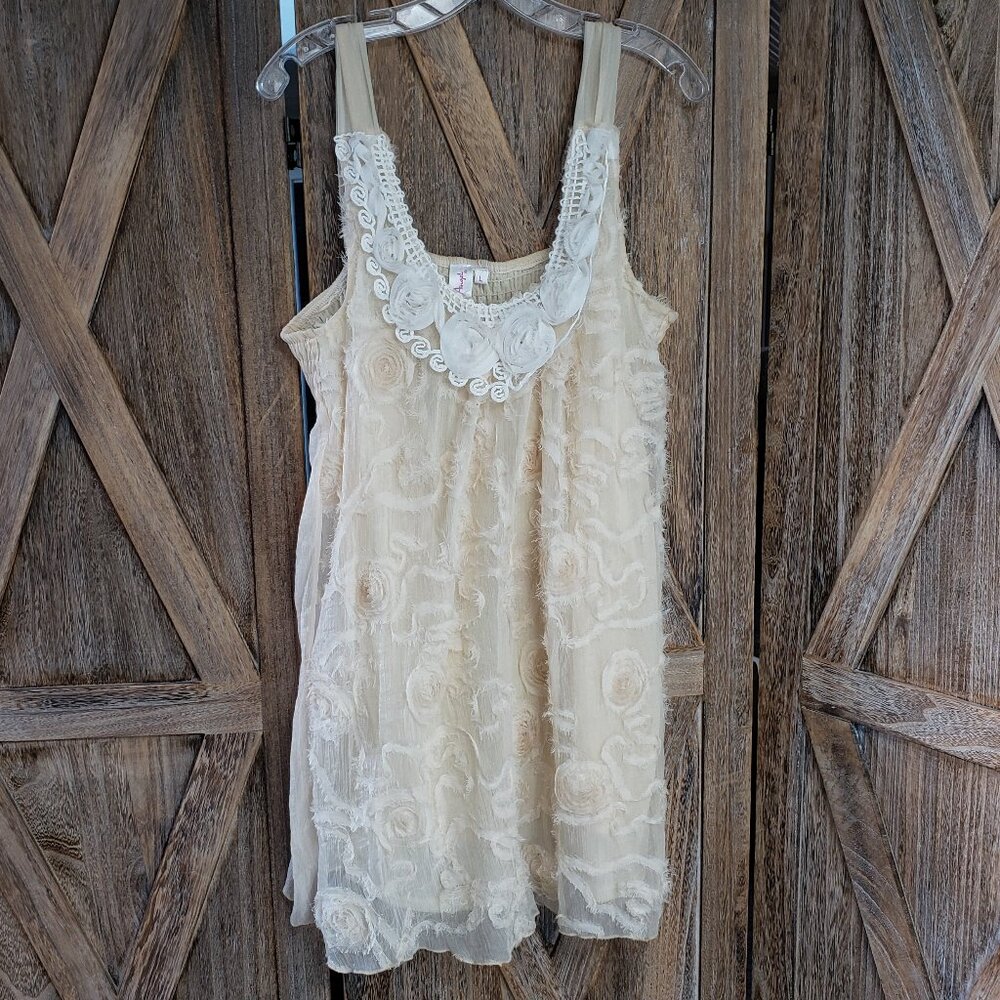 Pretty Angel Whimsical Fairycore Dress Size L Cream Layered Silk Blend Rosette